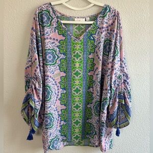 Belle by Kim Gravel Paisley Pink Tunic Blouse Boho Top Size XL